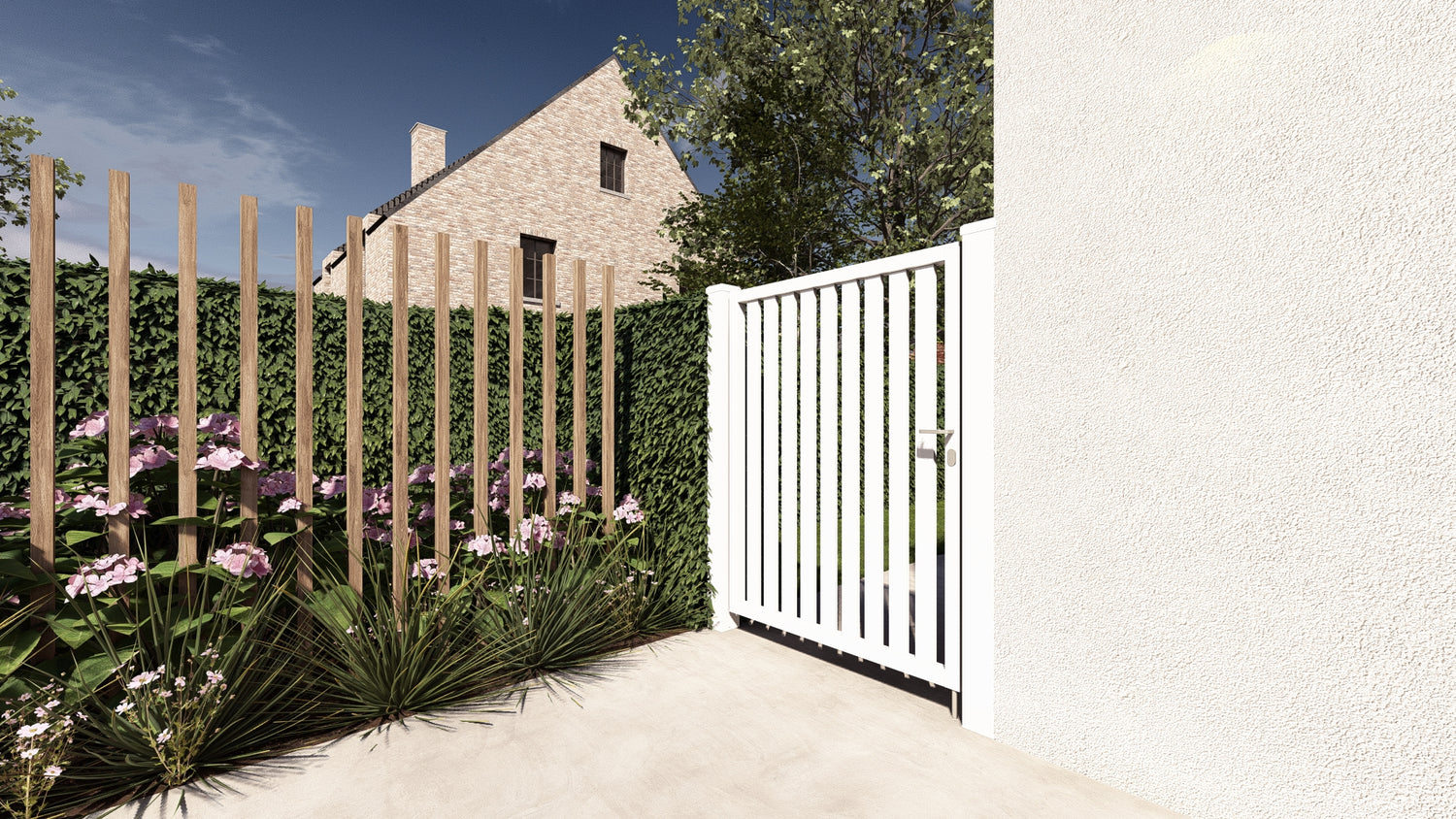 Bovenaanzicht van  open verticale Alzebra poort in reinwit aluminium aan strakke witte gevel