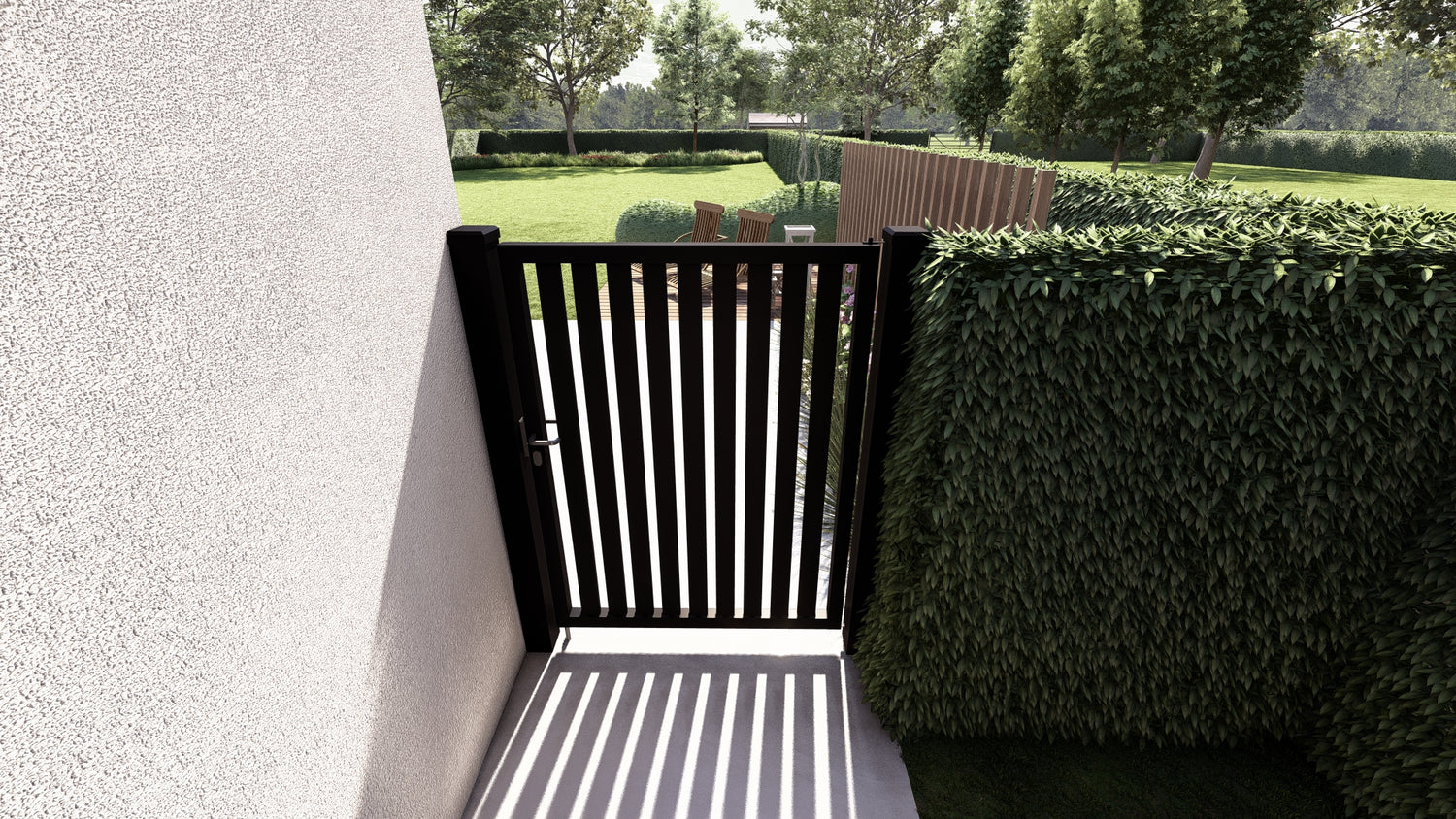 Bovenaanzicht van Alzebra aluminium enkele deur in zwart (ral 9005) met verticale open lamellen aan strakke witte moderne gevel