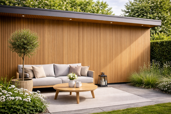 Tuinhuis met verticale ayous gevelbekleding in Thermowood naast een loungeset op een terras