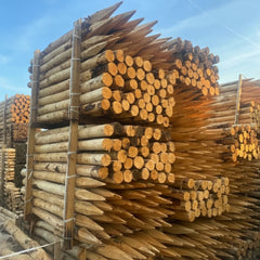 Voorraad kastanjehouten palen met punt bij Prindal-Hout invoerder België. Prachtige kastanje palen in de zon.