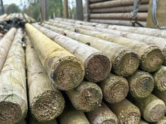 Een bundel rondom gefreesde en onder druk geïmpregneerde houten palen (klasse 4) met een lengte van 3 meter en een diameter van 7 cm.