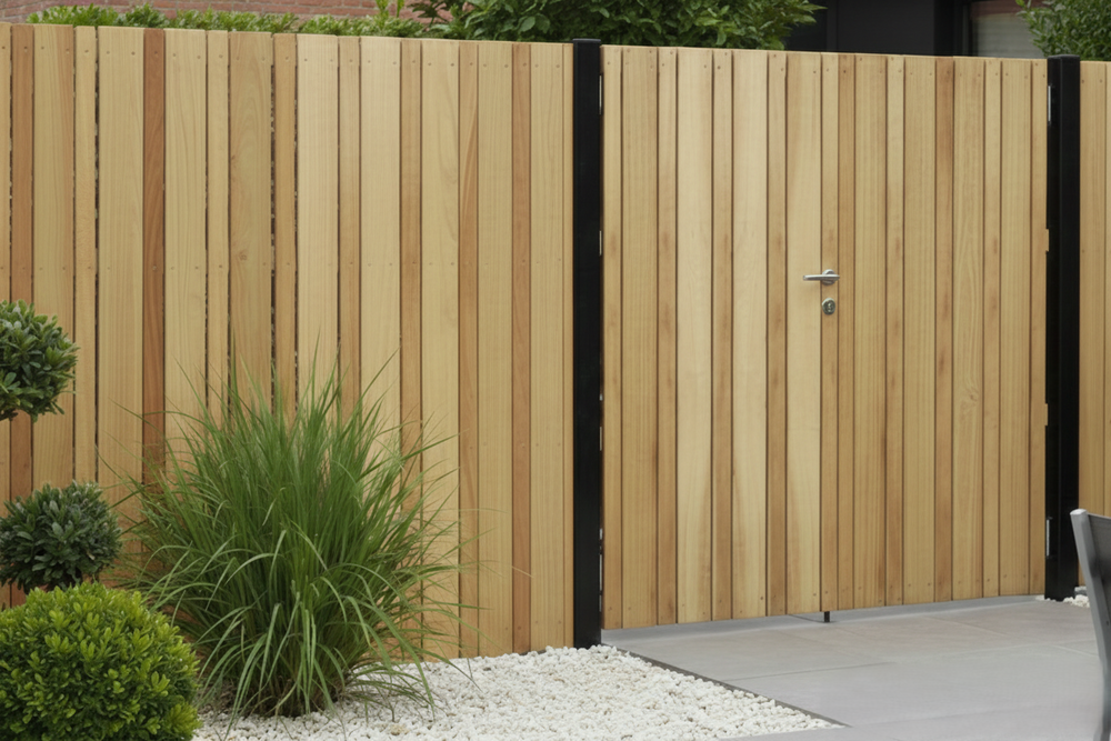 Modern scherm met verticale beplanking in iroko in combinatie met zwarte palen. 
