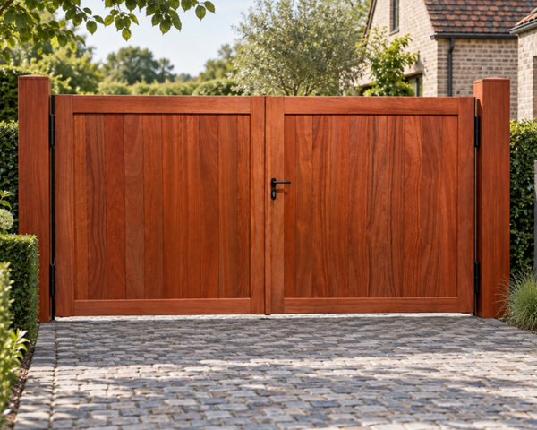 Barcelona opritpoort in padouk 180 x 300 cm met zwarte deurklink